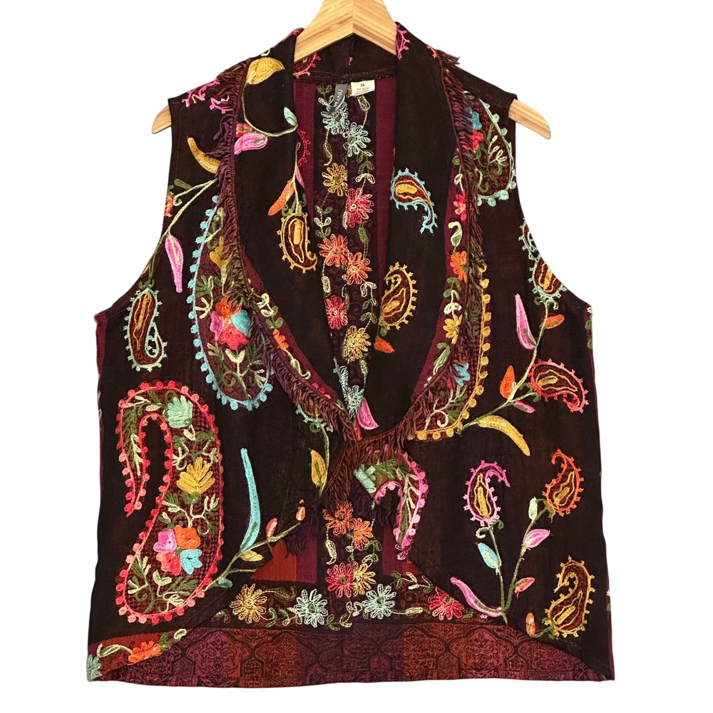 Anu Womens Vest M Brown Wool Embroidered Paisley Fringe Boho Western Eclectic